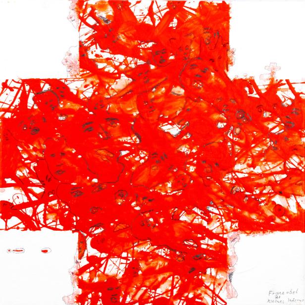 Ein rotes, abstraktes Gemälde mit einem Kreuz und angedeuteten Gesichtern.