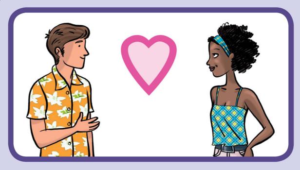 Ein Mann und eine Frau stehen sich vor einem rosa Herz gegenüber.