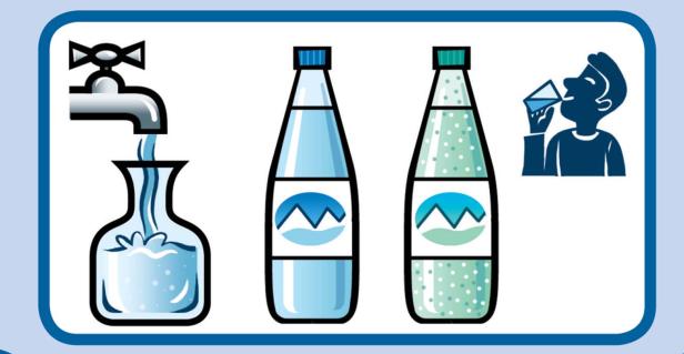 Eine Illustration, die Wasser aus dem Hahn, Wasserflaschen und eine trinkende Person zeigt.