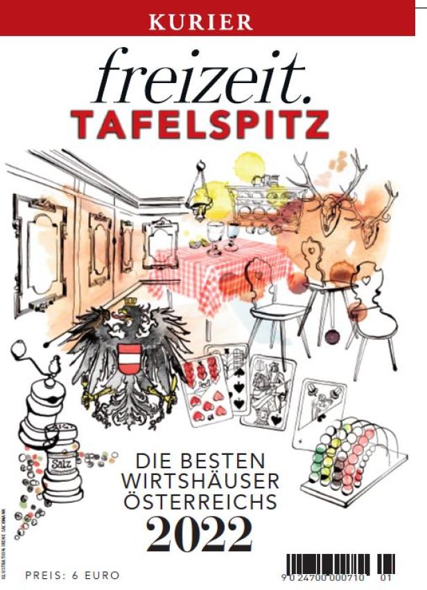 Illustration für „Kurier Freizeit Tafelsspitz 2022“ mit österreichischen Motiven wie Adler und Spielkarten.