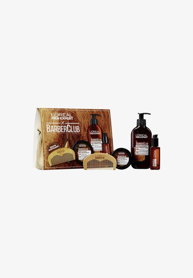 Ein Set von L'Oréal Men Expert Barberclub Produkten, inklusive Bartkamm.