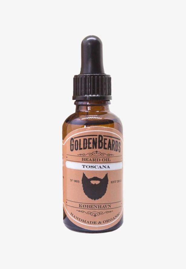 Eine Flasche Bartöl der Marke „Golden Beards“ mit dem Duft „Toscana“.