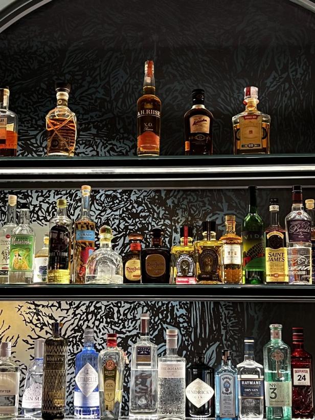 Regale gefüllt mit verschiedenen Spirituosenflaschen, darunter Gin, Rum und Tequila.
