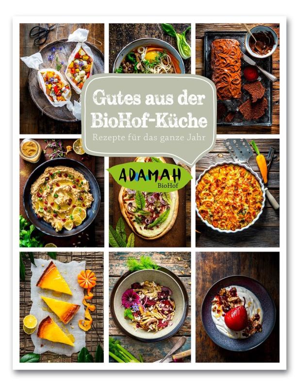 Collage mit verschiedenen Gerichten aus dem Kochbuch „Gutes aus der BioHof-Küche“.