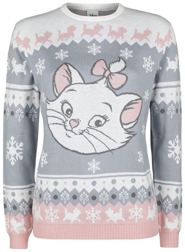 Ein grauer Weihnachtspullover mit dem Gesicht von Marie, der Katze aus dem Film „Aristocats“, und Schneeflocken.