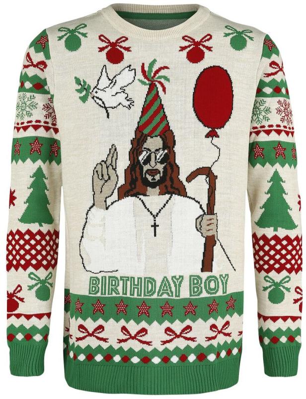 Ein Weihnachtspullover mit Jesus mit Partyhut, Ballon und der Aufschrift „Birthday Boy“.