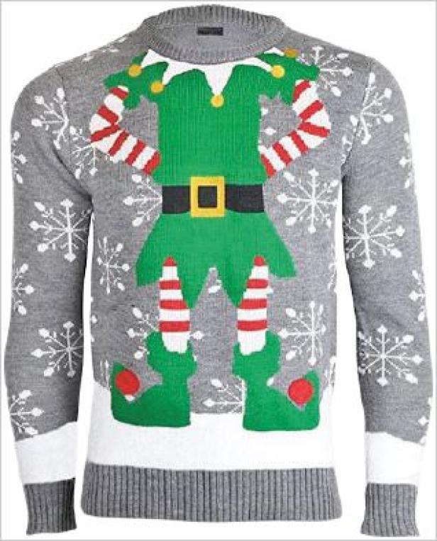 Ein grauer Weihnachtspullover mit einem Elfenkostüm-Motiv.