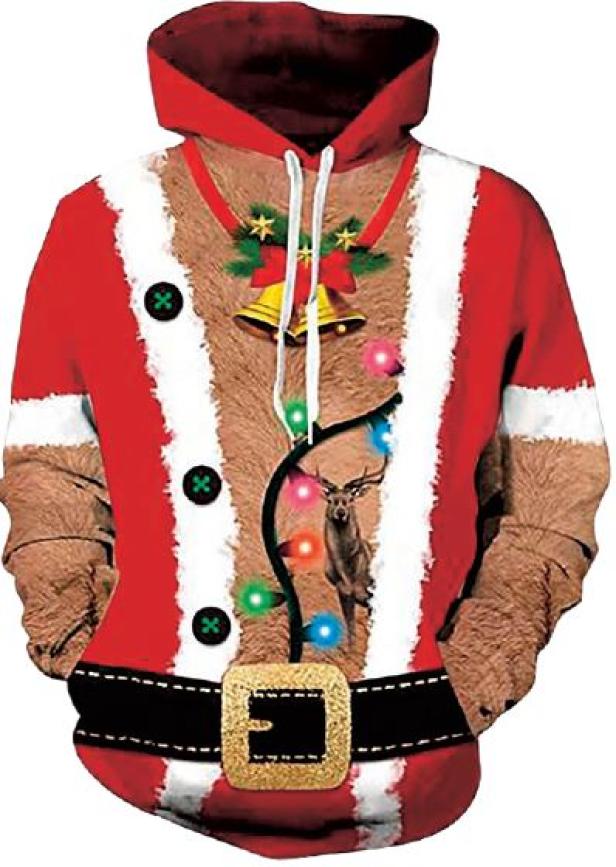 Ein Weihnachtspullover mit dem Aufdruck eines Weihnachtsmannes, Glocken und einem Hirsch.