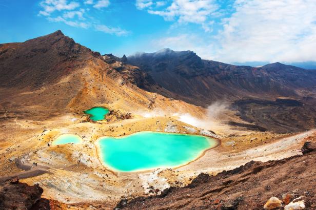 Blick auf die Emerald Lakes im Tongariro Nationalpark, Neuseeland.