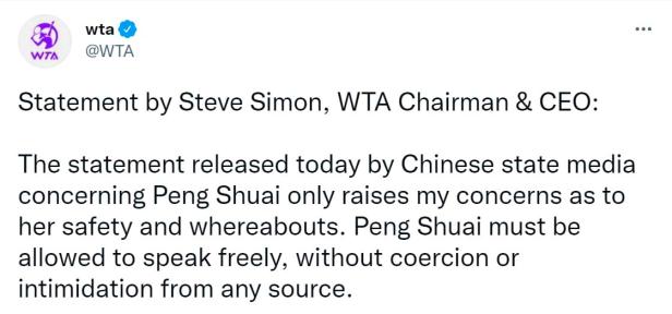 Screenshot of WTA tweet on the reaction of WTA Chairman and CEO Steve Simon regarding Peng Shuai's email, which was shared by CGTN on Twitter