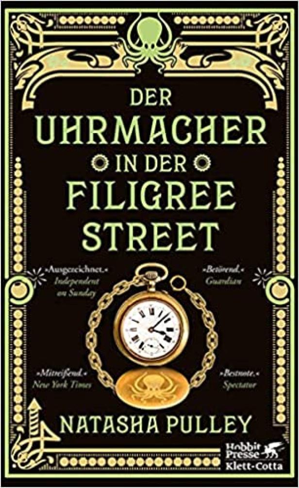 Das Buchcover von „Der Uhrmacher in der Filigree Street“ von Natasha Pulley mit einer Taschenuhr.