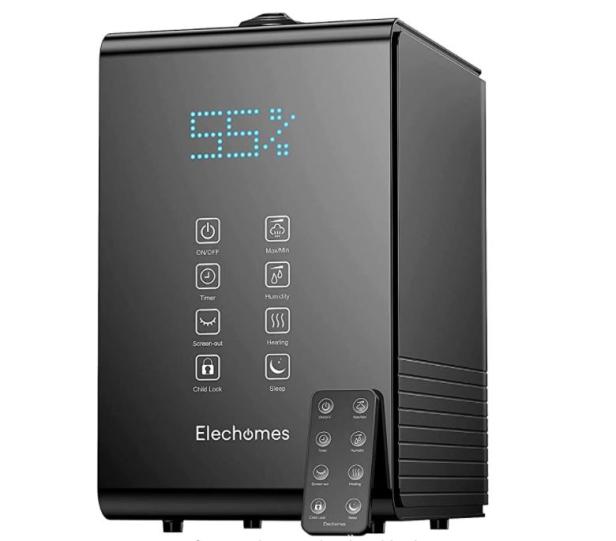 Ein Luftbefeuchter der Marke Elechomes mit digitaler Anzeige und Fernbedienung.