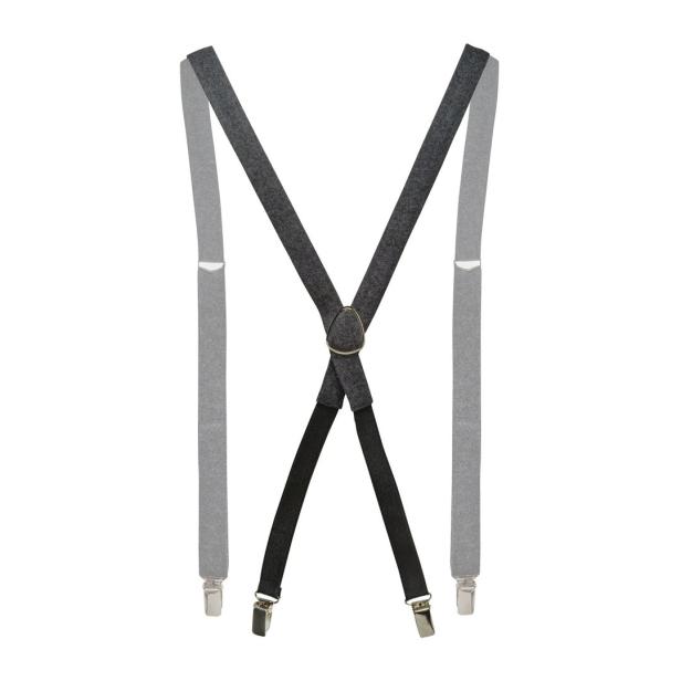 Eine graue Hosenträger mit silbernen Clips vor einem weißen Hintergrund.