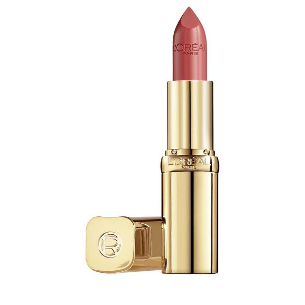 Ein geöffneter goldener Lippenstift von L'Oréal mit rosafarbener Spitze.