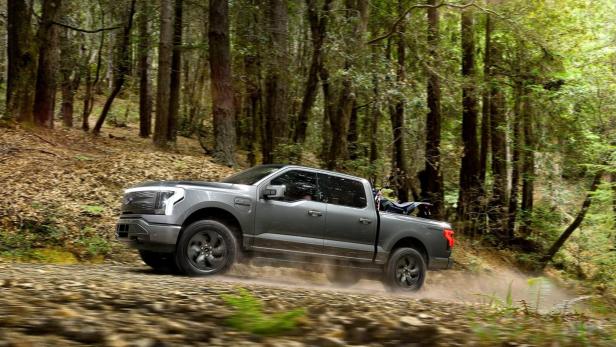 Ein grauer Ford F-150 Lightning fährt auf einer unbefestigten Straße durch einen Wald.