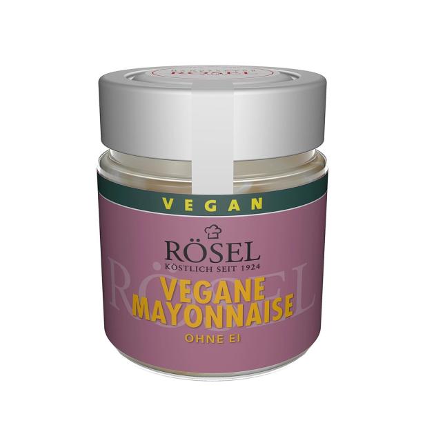 Ein Glas „Rösel Vegane Mayonnaise ohne Ei“.