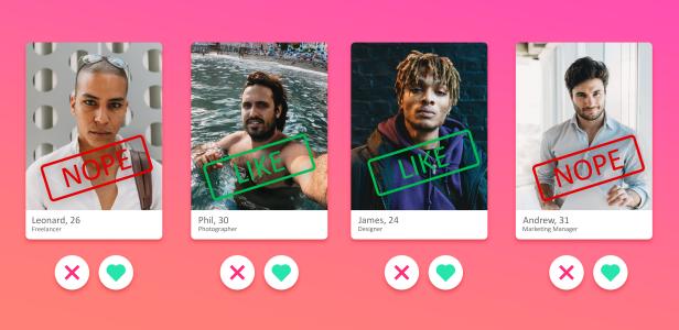 Eine Dating-App zeigt Profile von Leonard, Phil, James und Andrew mit „Gefällt mir“ und „Nein“ Markierungen.
