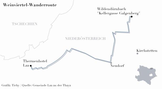 Eine Karte der Weinviertel-Wanderroute in Niederösterreich, die von Laa nach Wildendürnbach führt.