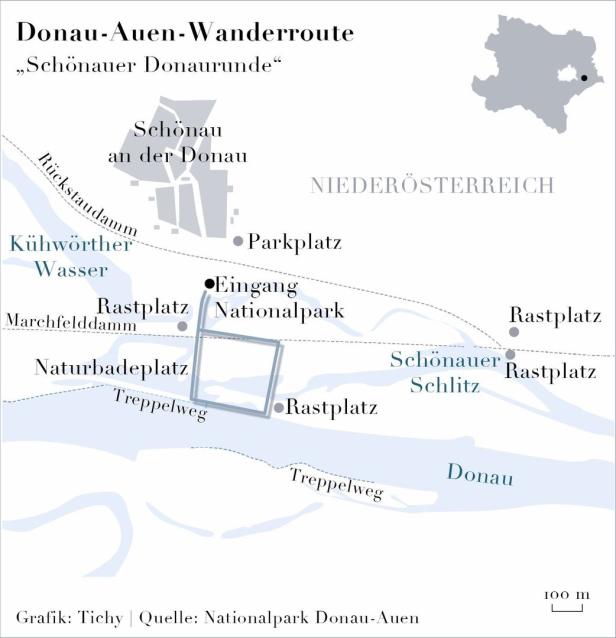 Eine Karte der Donau-Auen-Wanderroute „Schönauer Donaurunde“ in Niederösterreich.