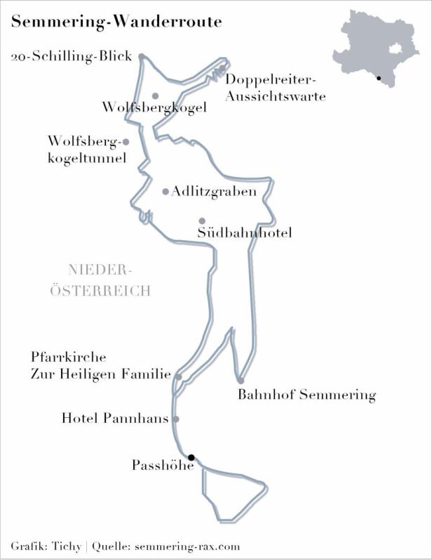 Eine Karte der Semmering-Wanderroute in Niederösterreich mit verschiedenen Stationen.