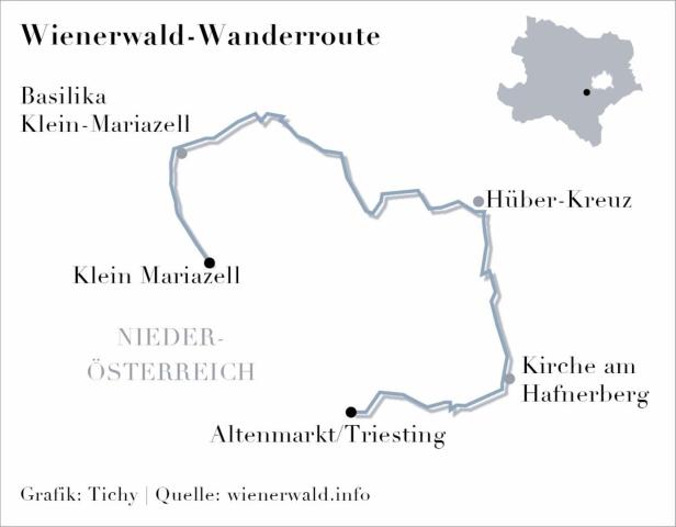 Eine Karte der Wienerwald-Wanderroute mit Startpunkten in Klein Mariazell und Altenmarkt/Triesting.