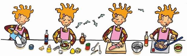 Eine stilisierte Illustration einer Person, die verschiedene Schritte beim Kochen durchführt.