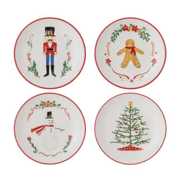 Vier Teller mit weihnachtlichen Motiven: Nussknacker, Lebkuchenmann, Schneemann und Weihnachtsbaum.