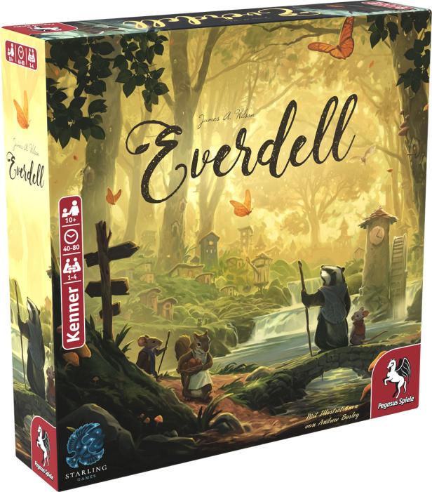 Die Verpackung des Brettspiels „Everdell“ mit einer Illustration einer Fantasielandschaft.