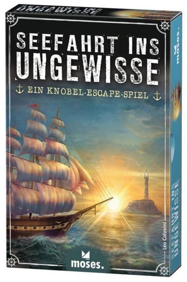 Die Verpackung des Knobel-Escape-Spiels „Seefahrt ins Ungewisse“ von Moses mit einem Segelschiff und Leuchtturm.