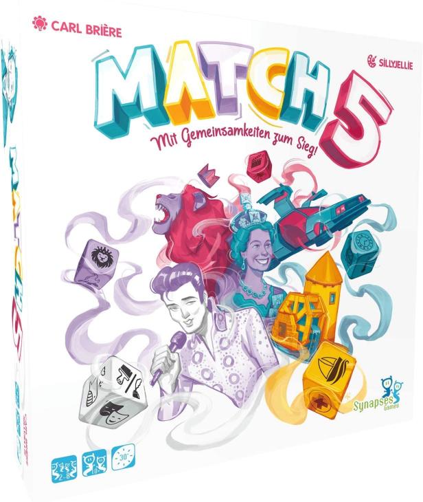 Die Verpackung des Brettspiels „Match 5“ mit Illustrationen von Elvis, Queen Elizabeth und einem Löwen.