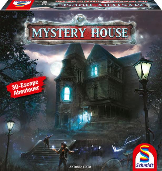 Das Cover des Spiels „Mystery House“ zeigt ein unheimliches, beleuchtetes Haus bei Nacht.