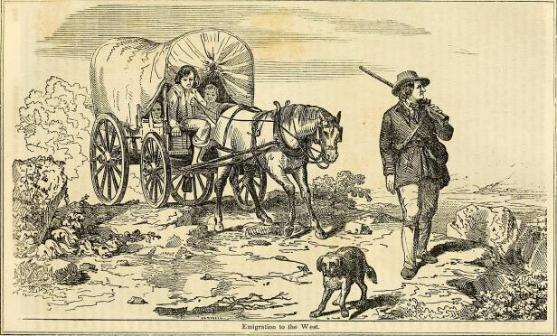 Eine Familie reist mit einem von einem Pferd gezogenen Planwagen nach Westen, begleitet von einem Hund und einem Mann mit Gewehr.