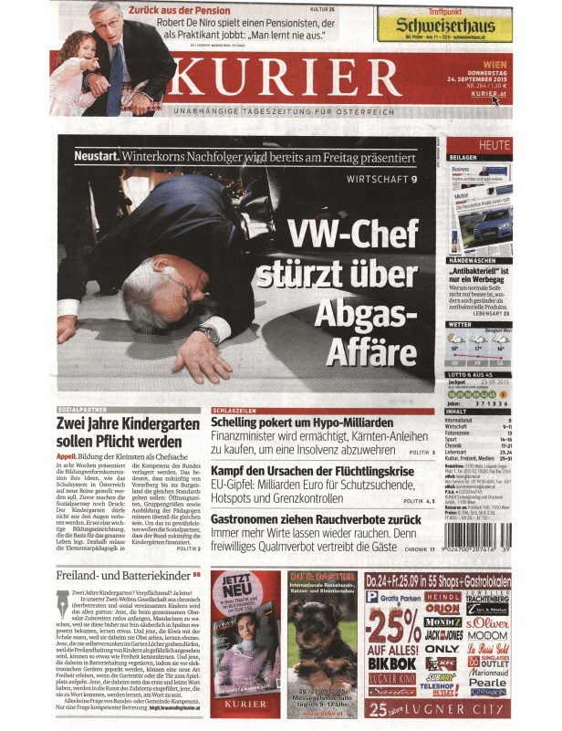 Titelseite der Zeitung Kurier vom 24. September 2015.