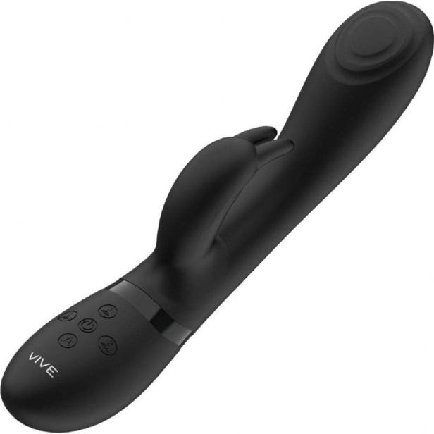 Ein schwarzer Vibrator der Marke VIVE liegt auf einem weißen Hintergrund.