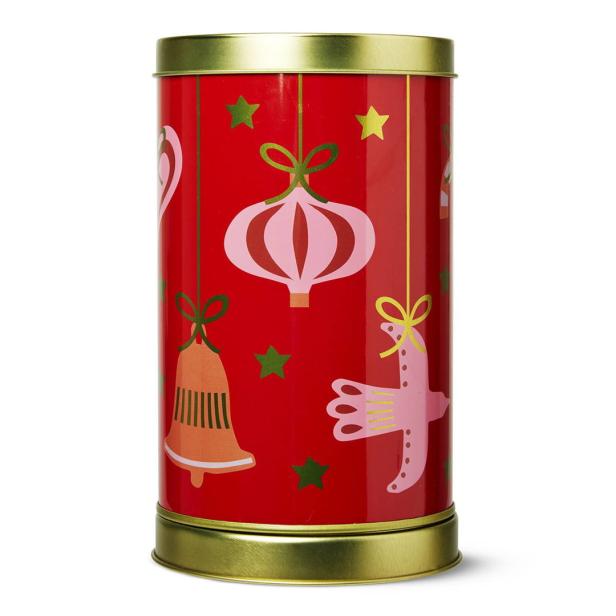 Eine rote Dose mit goldenem Deckel, verziert mit weihnachtlichen Motiven wie Glocken und Sternen.