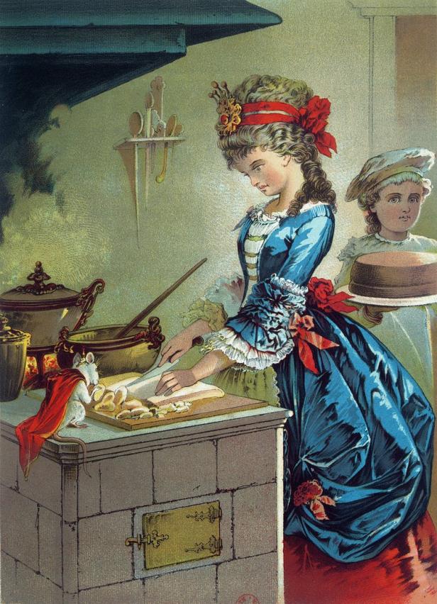 Eine Frau in historischer Kleidung schneidet Brot, während eine Maus mit Krone zusieht.