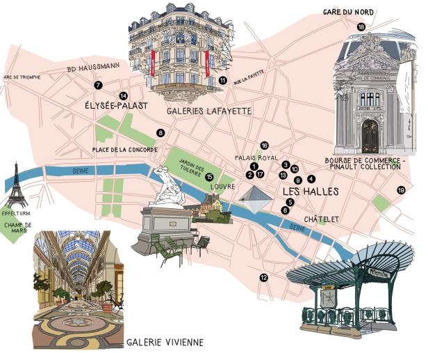 Eine illustrierte Karte von Paris mit Sehenswürdigkeiten wie dem Eiffelturm und dem Louvre.