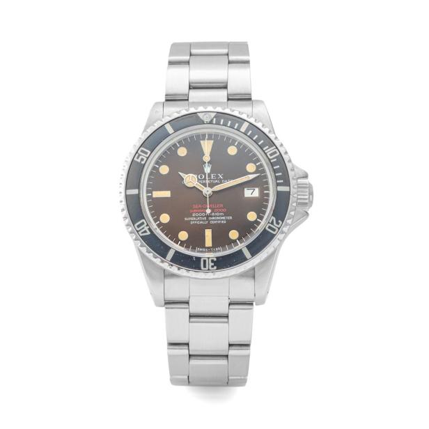 Eine Rolex Sea-Dweller Armbanduhr mit braunem Zifferblatt und silbernem Armband.