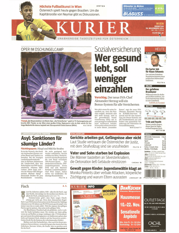 Titelseite des Kurier vom 18. November 2014 mit Nachrichten zu Fußball, Oper und Sozialversicherung.