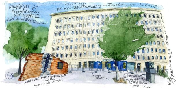 Eine Aquarellzeichnung des ehemaligen KPÖ-Zentrums in Wien-Brigittenau, das bis 2021 umgebaut wurde.