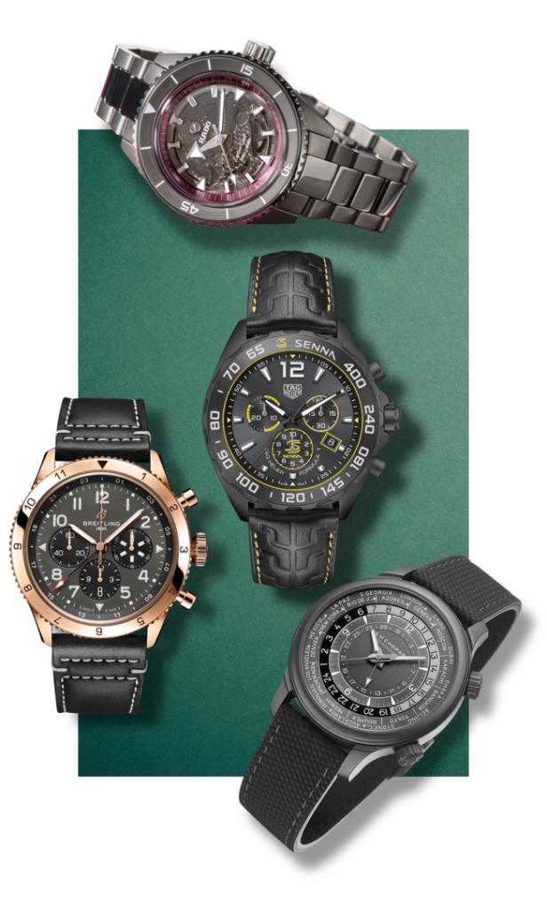 Eine Auswahl verschiedener Herrenarmbanduhren auf einem grünen Hintergrund.