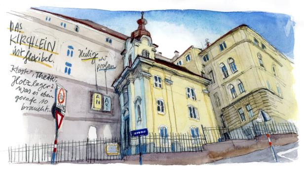 Eine Aquarellzeichnung einer Kirche in der Stadt mit dem Schriftzug „Das Kirchlein ist flexibel“.