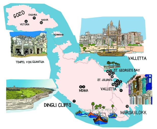 Eine illustrierte Karte von Malta mit Sehenswürdigkeiten wie Valletta, Gozo und den Dingli Cliffs.