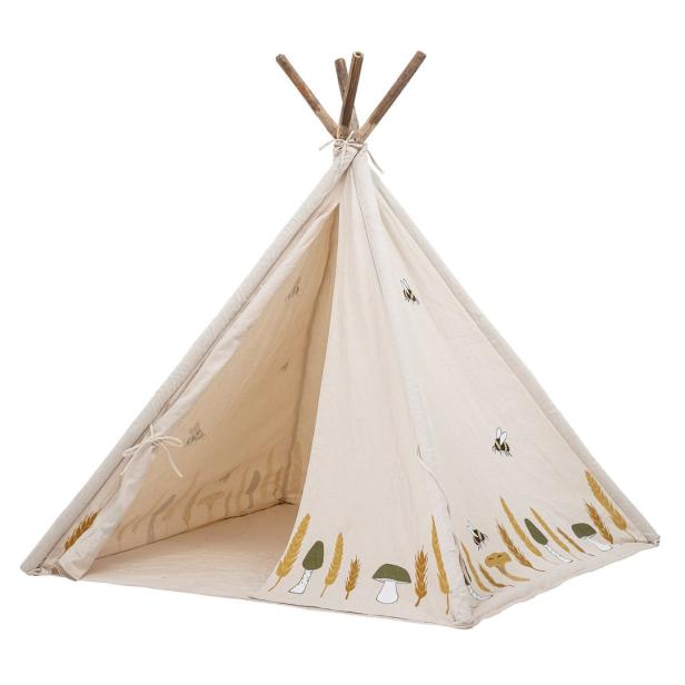Ein Kinder-Tipi-Zelt mit aufgedruckten Bienen, Weizenähren und Pilzen.