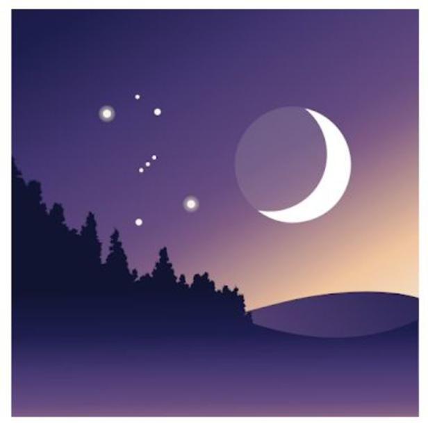 Eine stilisierte Landschaft mit Bäumen, Mond und Sternbild unter einem violetten Himmel.