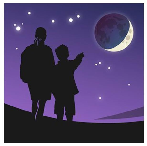 Ein Kind zeigt auf den Mond, während eine zweite Person daneben steht.