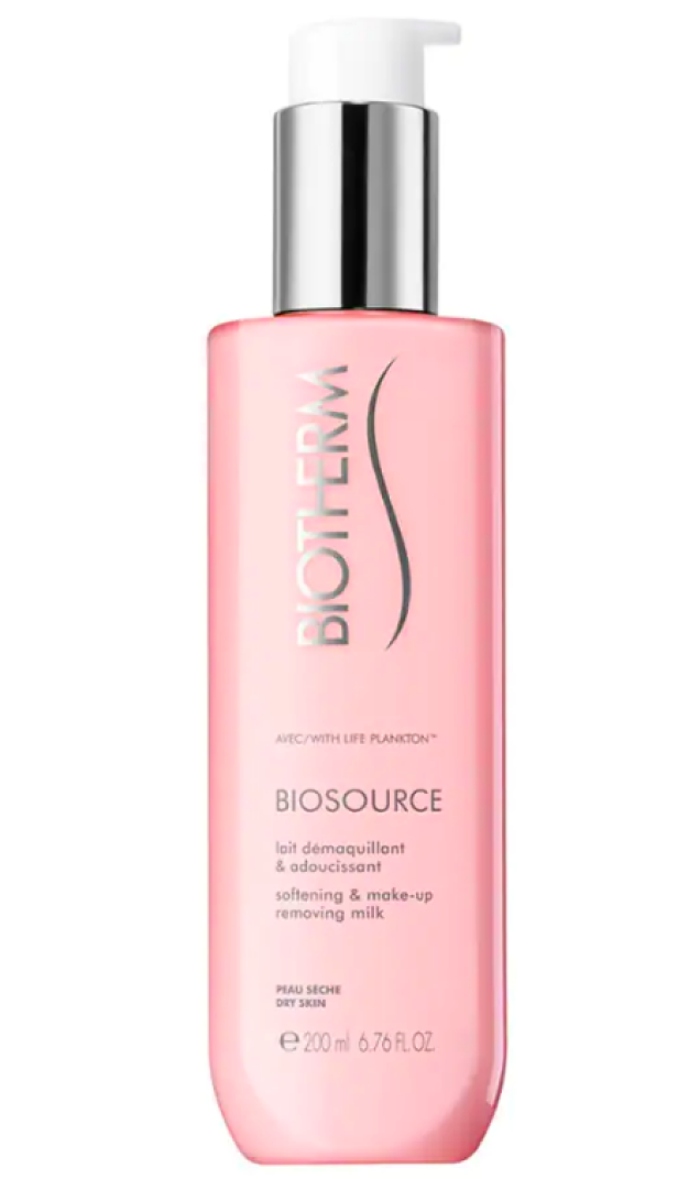 Eine Flasche Biotherm Biosource Reinigungsmilch für trockene Haut.