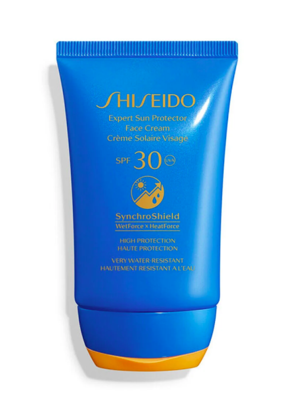Eine blaue Tube Shiseido Expert Sun Protector Face Cream mit Lichtschutzfaktor 30.