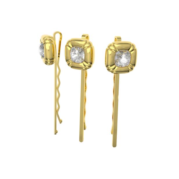 Drei goldene Haarnadeln mit quadratischen Verzierungen und jeweils einem weißen Stein.