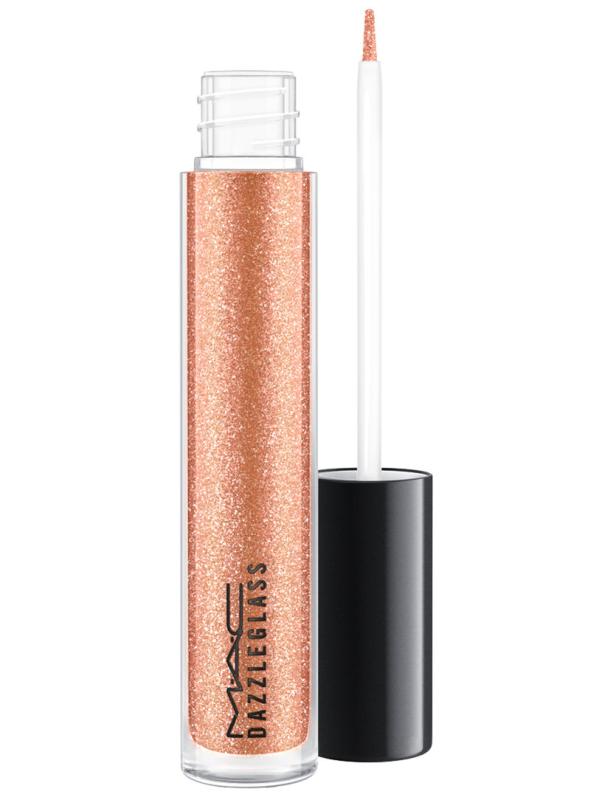 Ein MAC Dazzleglass Lipgloss in einer transparenten Flasche mit roségoldenem Glitzer.
